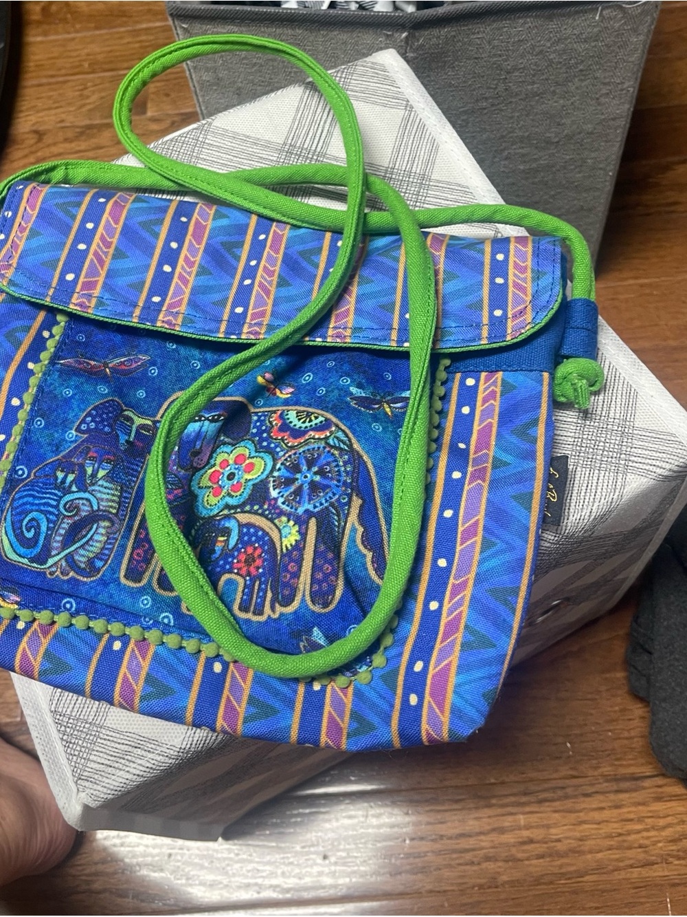 Laurel Burch Blue Elephant Crossbody Bag with Green Strap